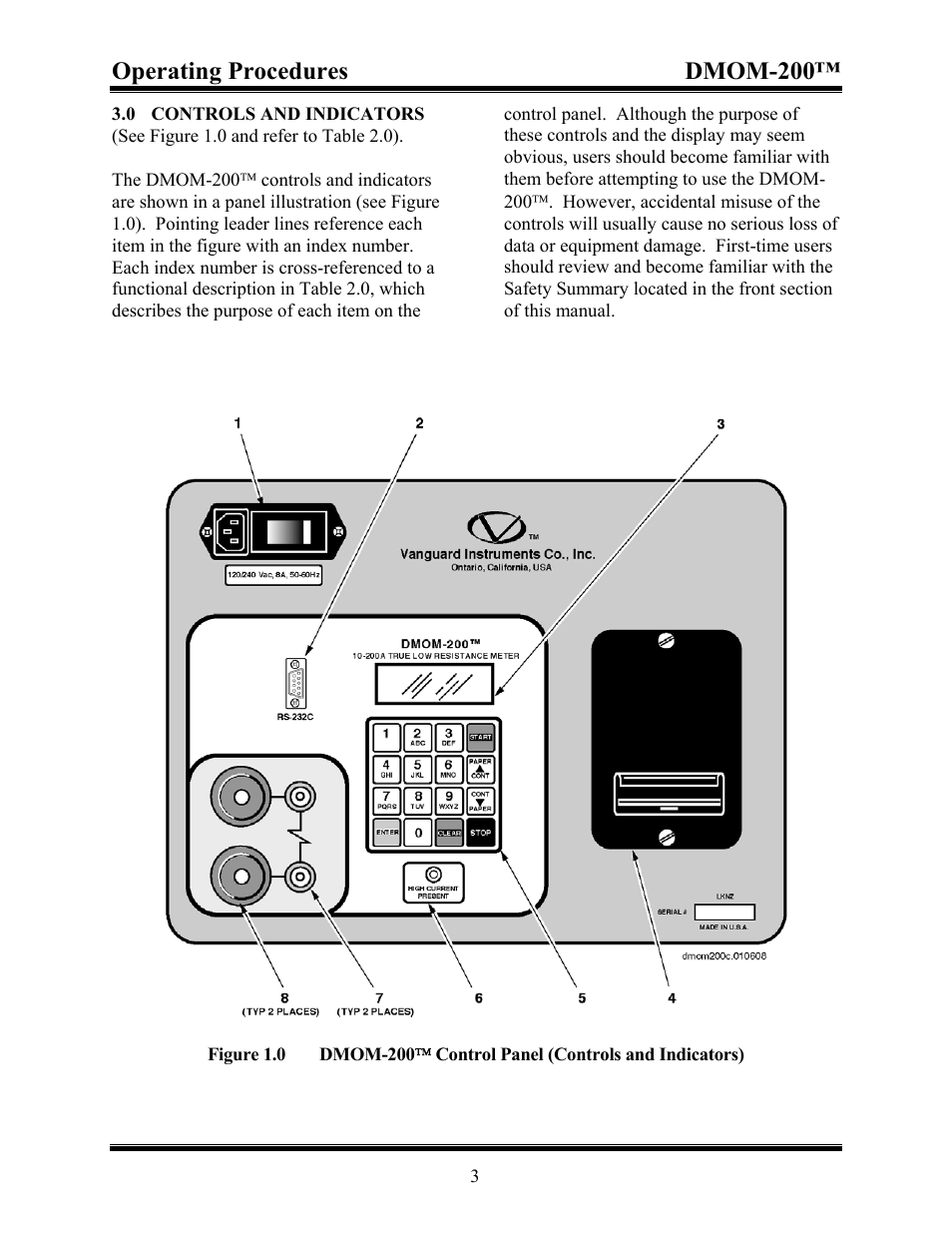 Controls and indicators, Dmom-200( control panel (controls and indicators), 0 controls and indicators | Figure 1.0 dmom-200, Control panel (controls and indicators), Operating procedures dmom-200 | Vanguard DMOM-200 User Manual | Page 7 / 33