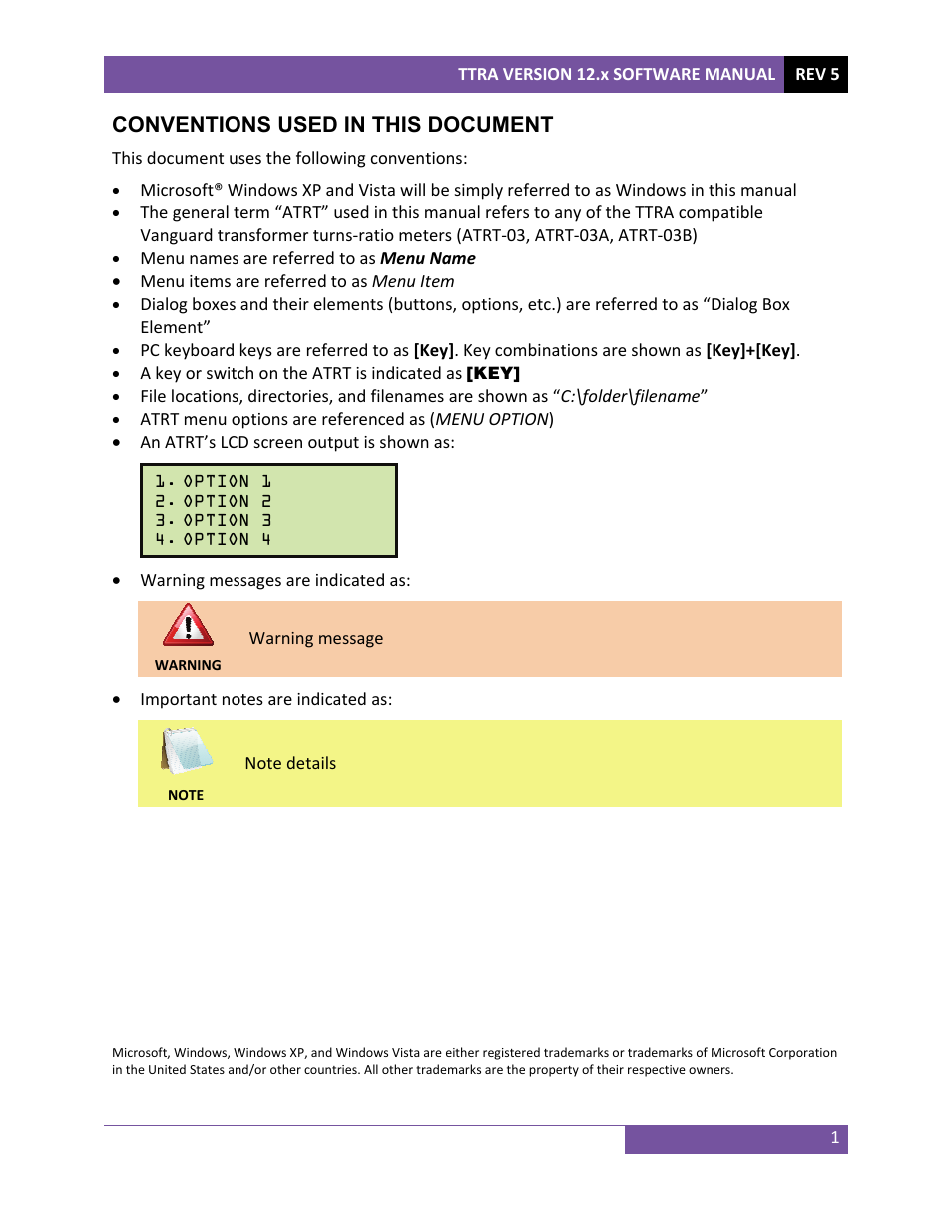 Conventions used in this document | Vanguard TTRA (ATRT-01, ATRT-03, ATRT-03A, and ATRT-03B) User Manual | Page 4 / 52