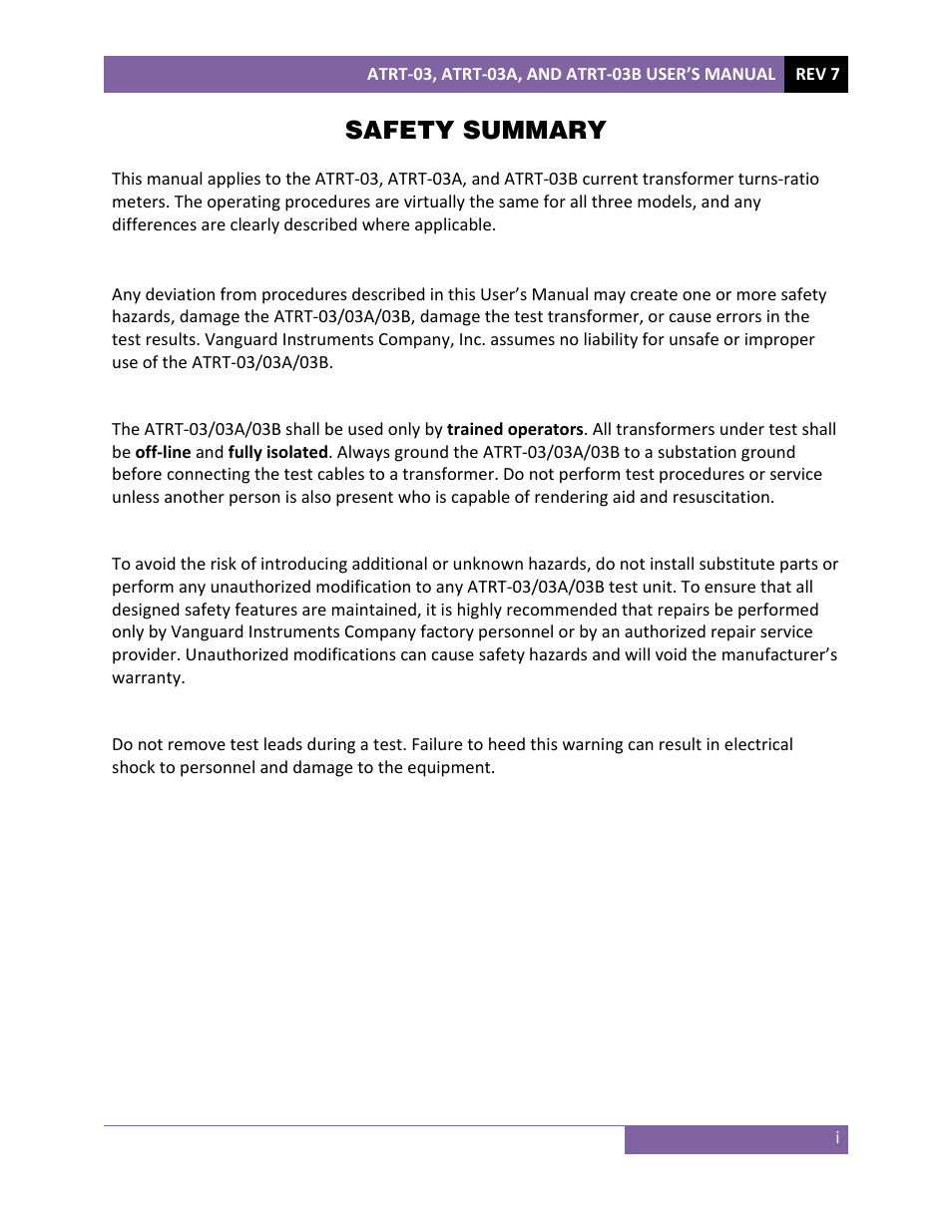 Safety summary | Vanguard ATRT-03_03B User Manual | Page 3 / 114