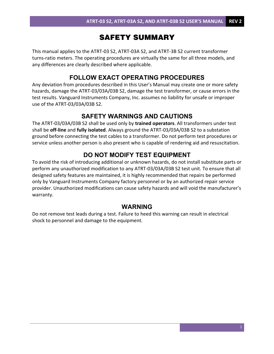 Safety summary | Vanguard ATRT-03_03B S2 User Manual | Page 2 / 147