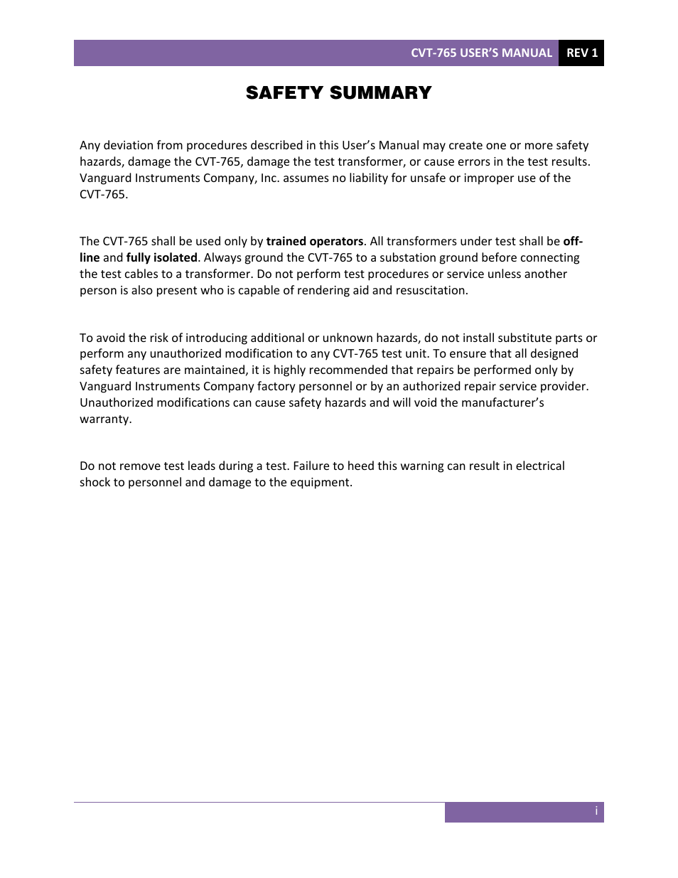 Safety summary | Vanguard CVT-765 User Manual | Page 2 / 46