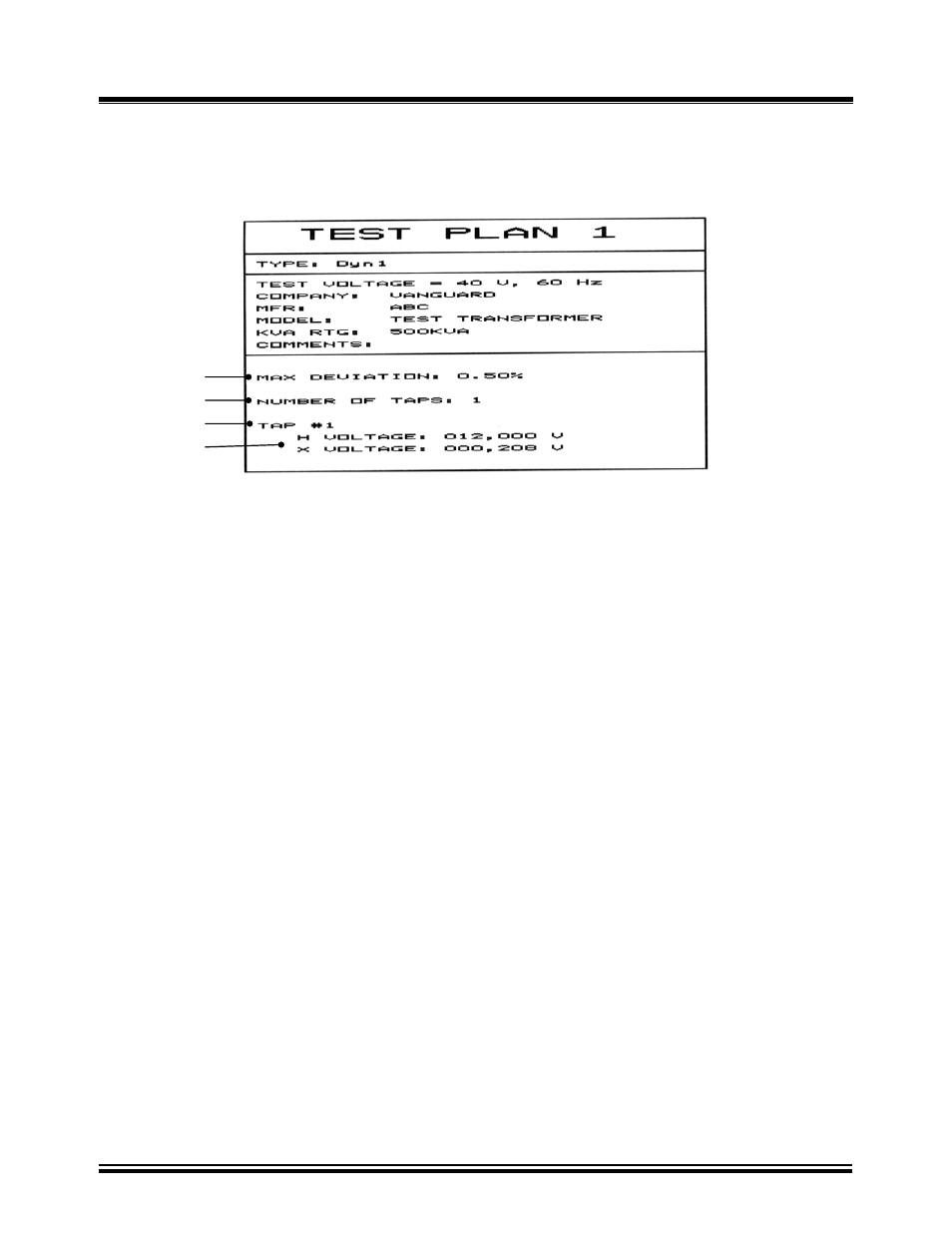 14 typical three phase dyn1 test plan printout, Figure 68.0, Typical three phase dyn1 test plan printout | Vanguard Tri-Phase User Manual | Page 104 / 155