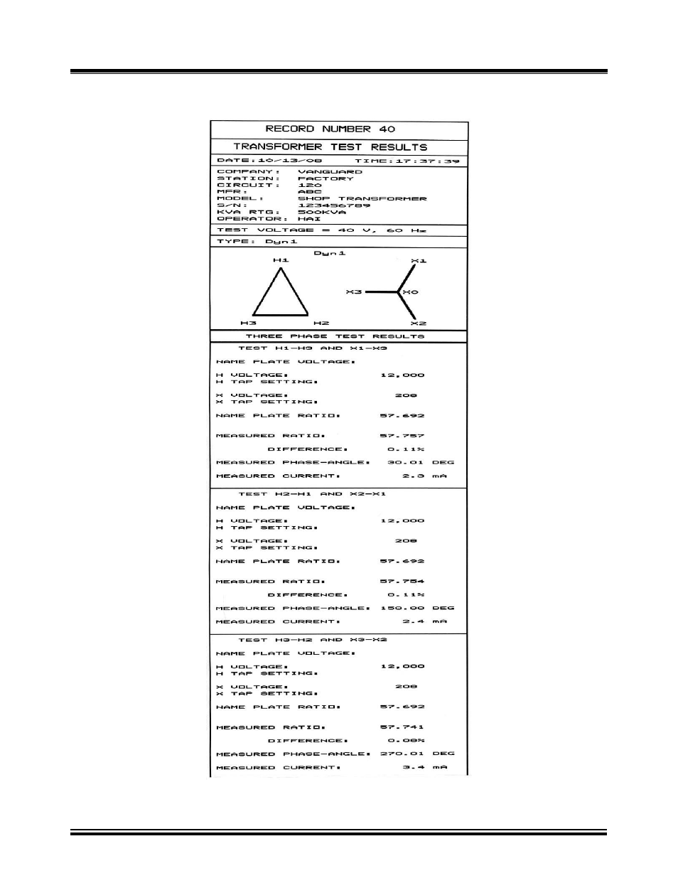 10 test record printout detailed format, Figure 46.0, Test record printout detailed format | At printout. refer to figure 46.0 | Vanguard Tri-Phase User Manual | Page 69 / 155