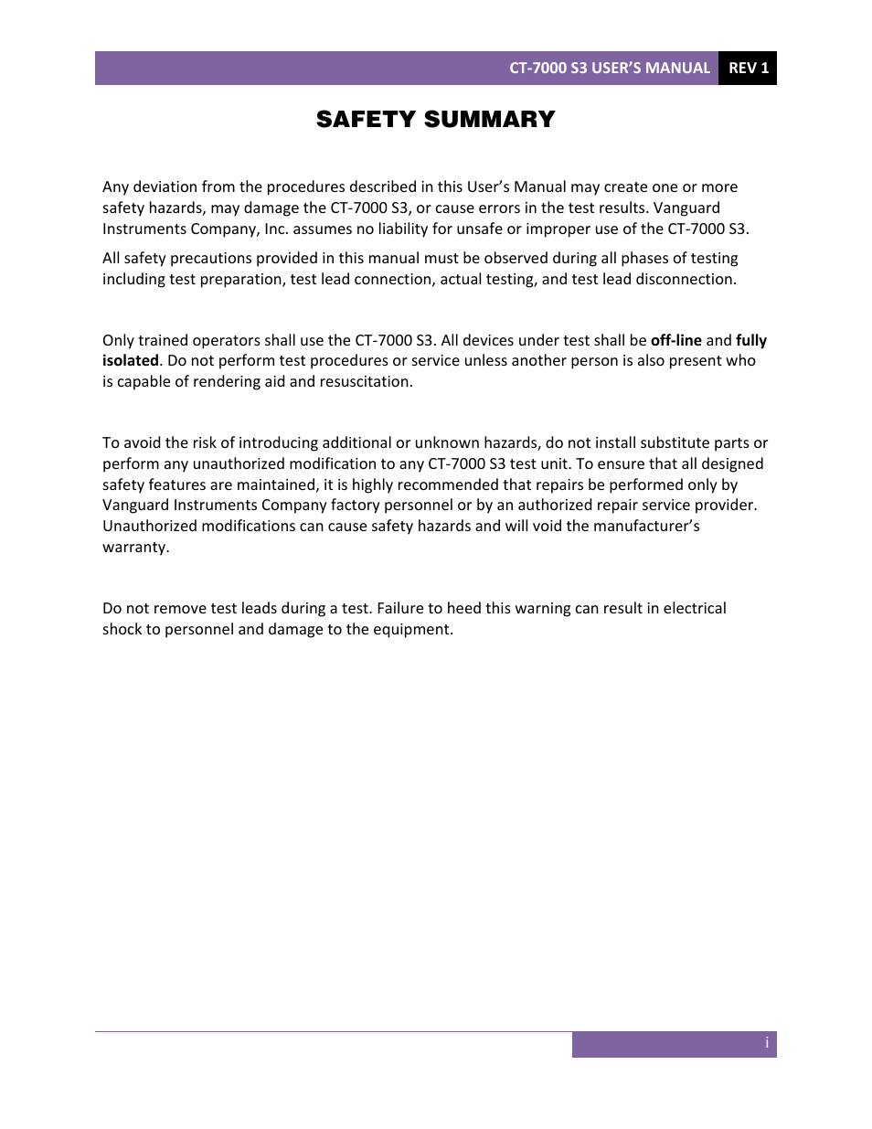 Safety summary | Vanguard CT-7000 S3 User Manual | Page 2 / 137