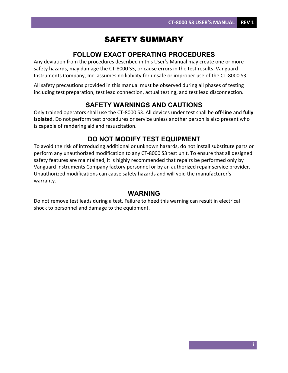 Safety summary | Vanguard CT-8000 S3 User Manual | Page 2 / 145