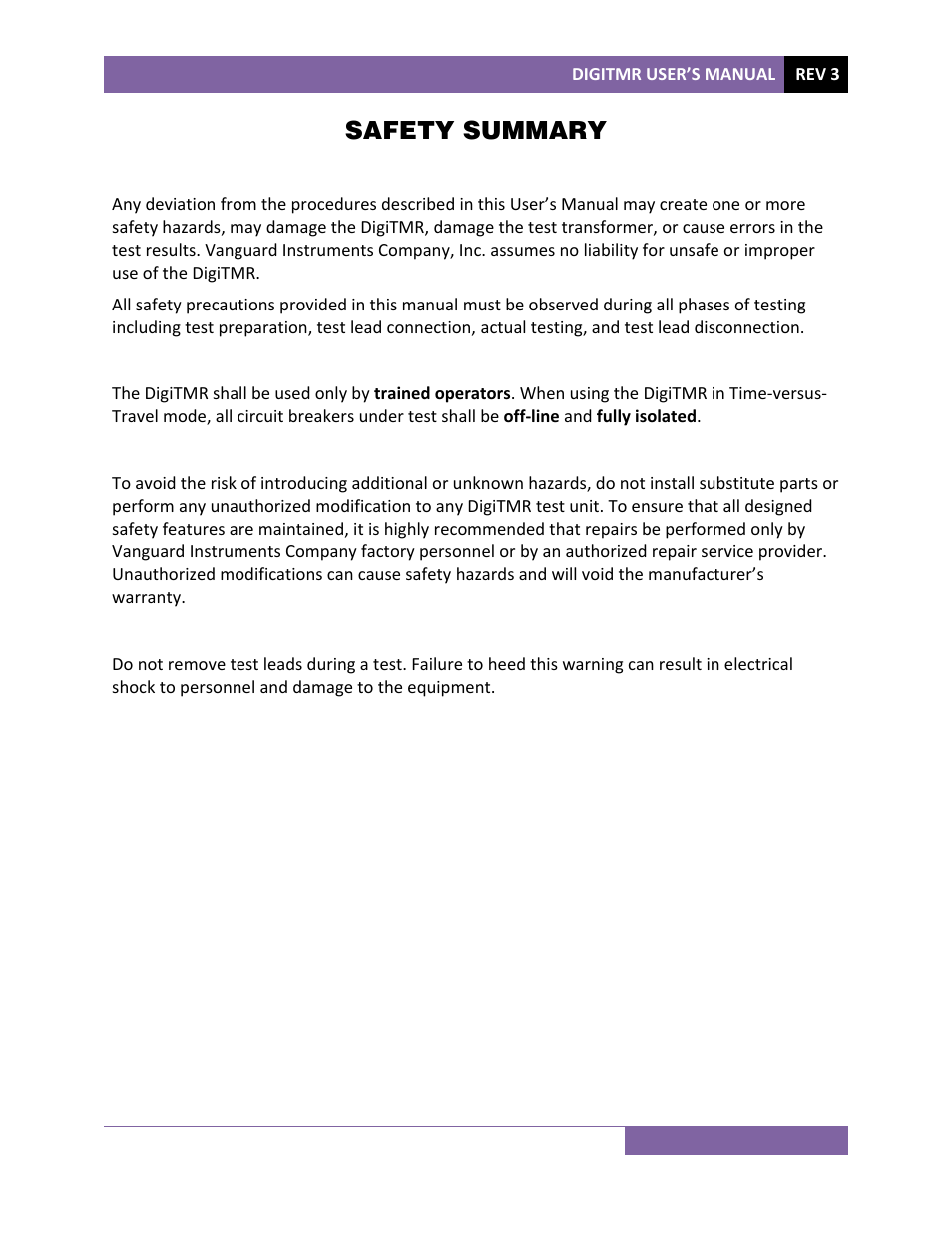 Safety summary | Vanguard DigiTMR User Manual | Page 2 / 86