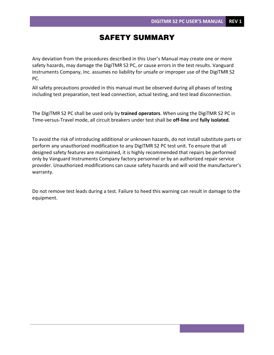 Safety summary | Vanguard DigiTMR S2 PC User Manual | Page 2 / 31