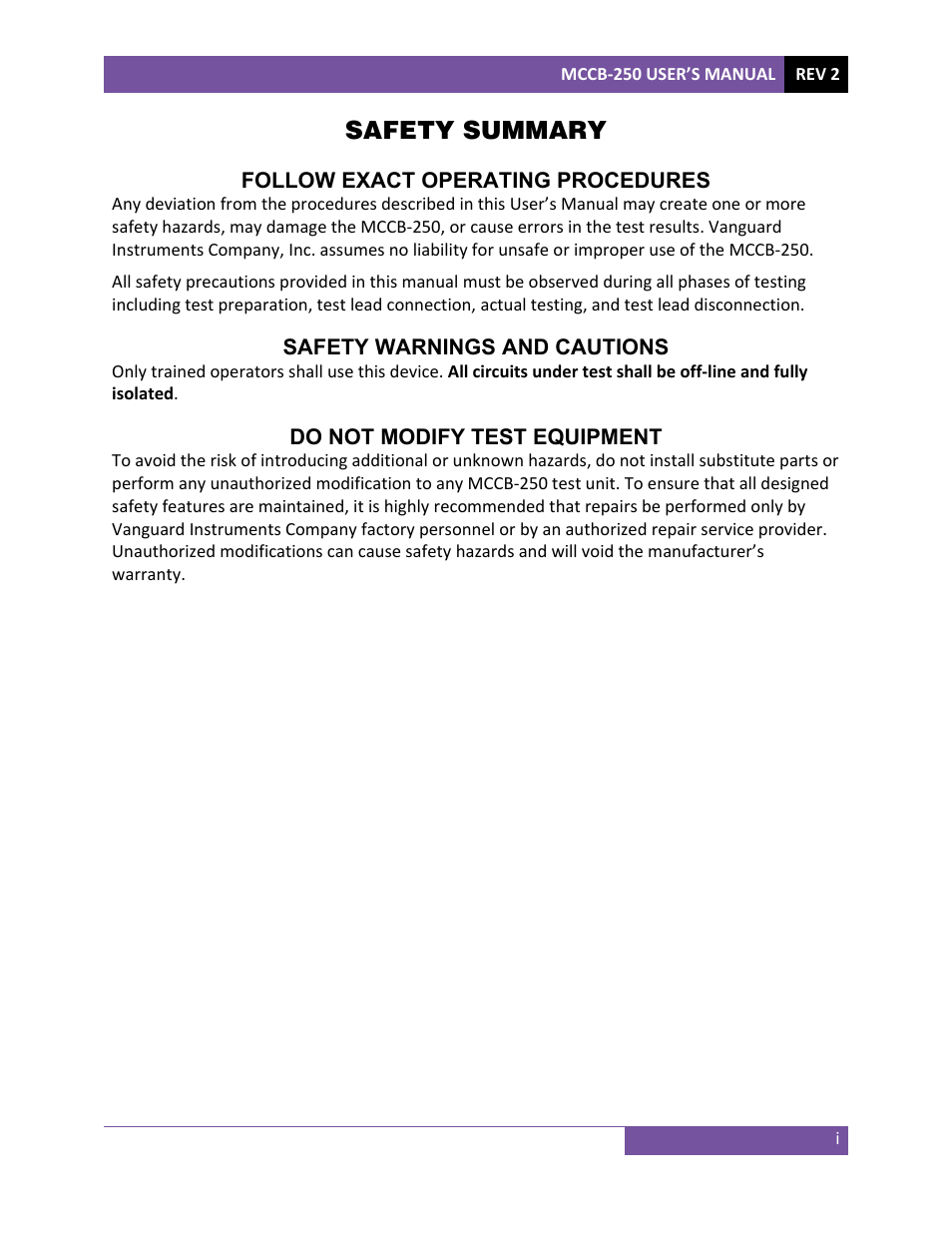 Safety summary | Vanguard MCCB-250 User Manual | Page 2 / 17