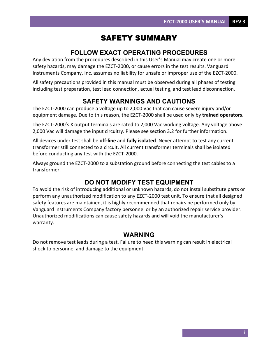 Safety summary | Vanguard EZCT-2000 User Manual | Page 2 / 68