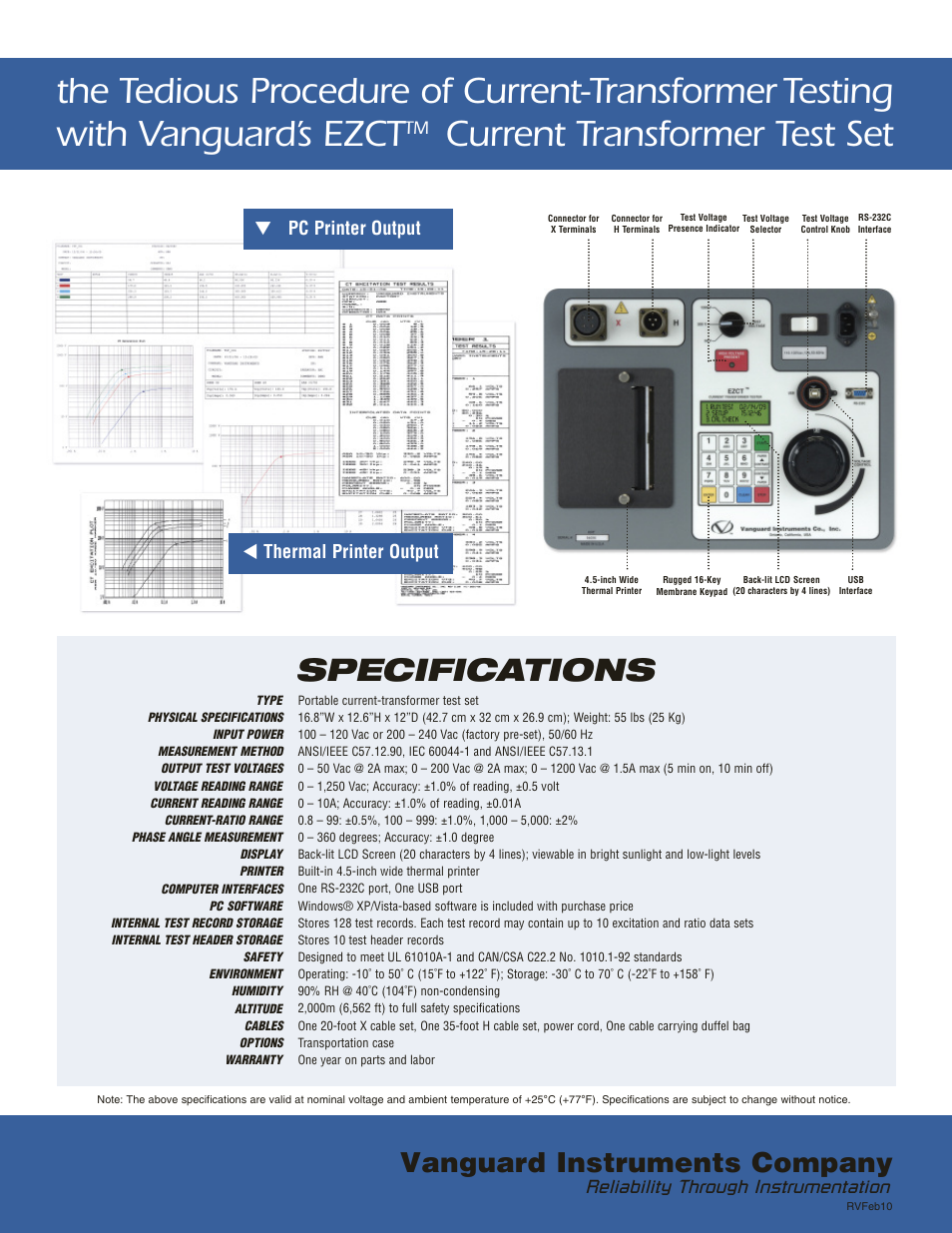 Current transformer test set, Specifications, Vanguard instruments company | Pc printer output ▼ thermal printer output, Reliability through instrumentation | Vanguard EZCT User Manual | Page 3 / 4