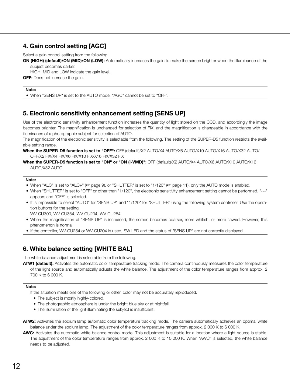 Gain control setting [agc, White balance setting [white bal | Panasonic WV-CW500S/G User Manual | Page 12 / 32