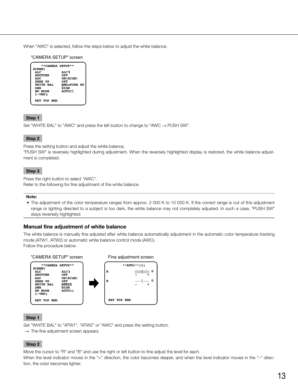 Manual fine adjustment of white balance | Panasonic WV-CW500S/G User Manual | Page 13 / 32