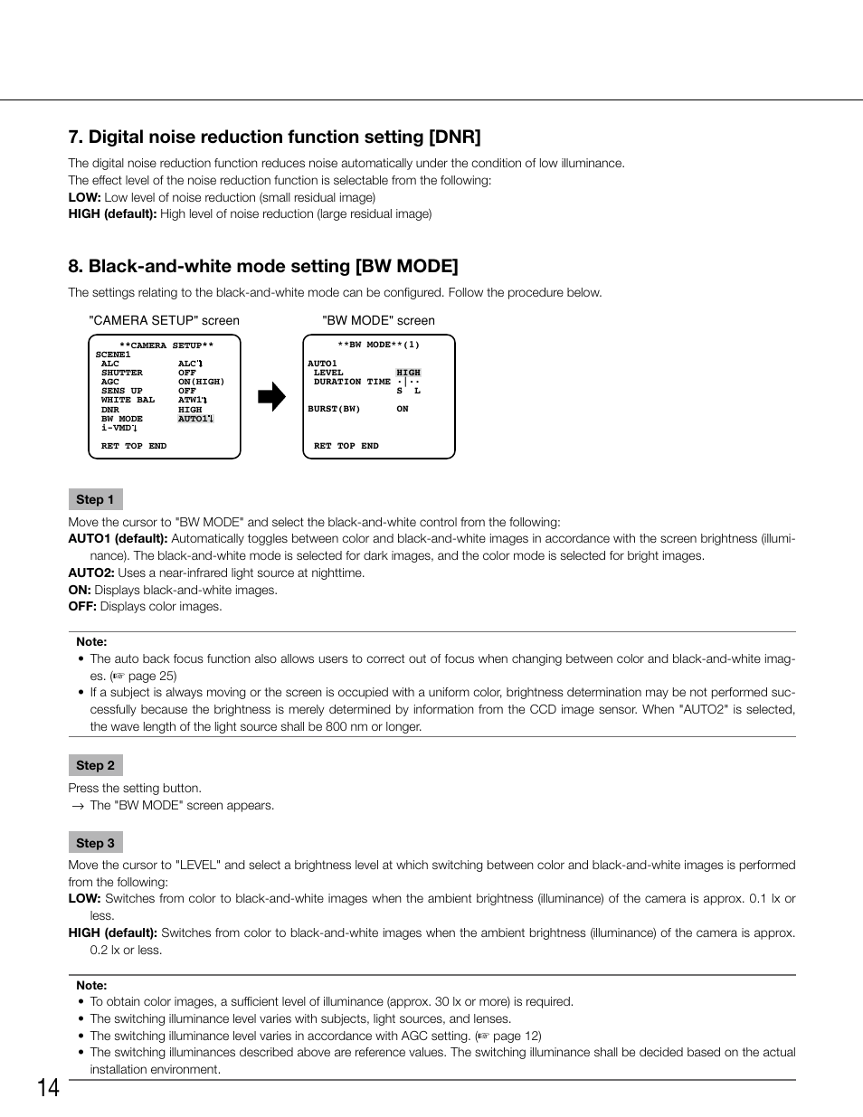 Digital noise reduction function setting [dnr, Black-and-white mode setting [bw mode | Panasonic WV-CW500S/G User Manual | Page 14 / 32