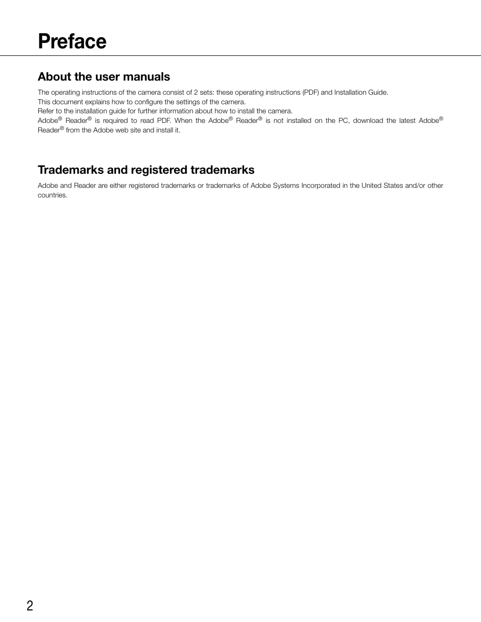 Preface, About the user manuals, Trademarks and registered trademarks | Panasonic WV-CW500S/G User Manual | Page 2 / 32