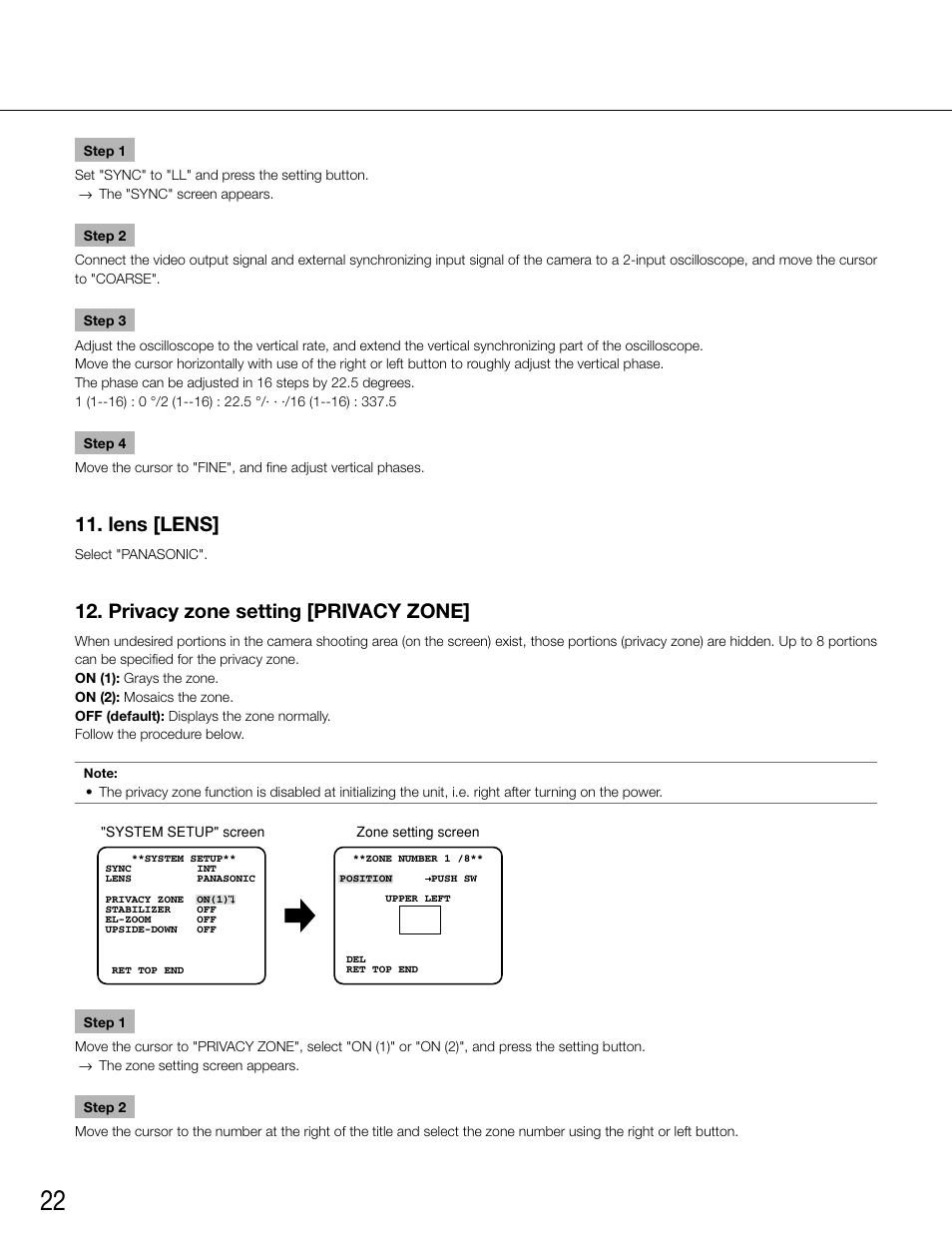 Lens [lens, Privacy zone setting [privacy zone | Panasonic WV-CW500S/G User Manual | Page 22 / 32