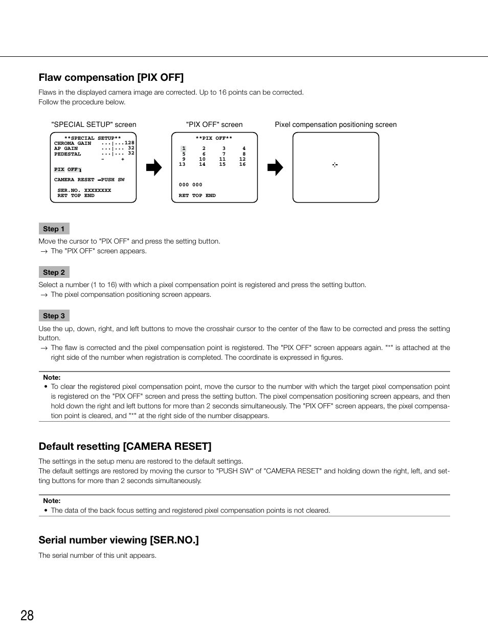 Flaw compensation [pix off, Default resetting [camera reset, Serial number viewing [ser.no | Panasonic WV-CW500S/G User Manual | Page 28 / 32