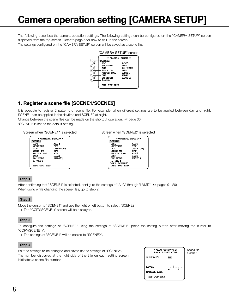 Camera operation setting [camera setup, Register a scene file [scene1/scene2 | Panasonic WV-CW500S/G User Manual | Page 8 / 32