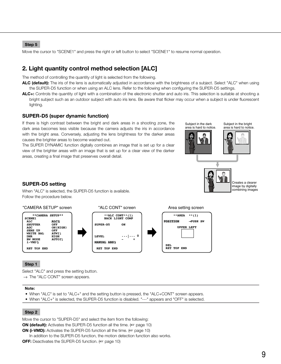 Light quantity control method selection [alc, Super-d5 (super dynamic function), Super-d5 setting | Panasonic WV-CW500S/G User Manual | Page 9 / 32