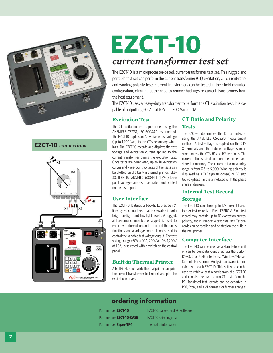 Ezct-10, Current transformer test set, Ordering information | Vanguard EZCT-10 User Manual | Page 2 / 6