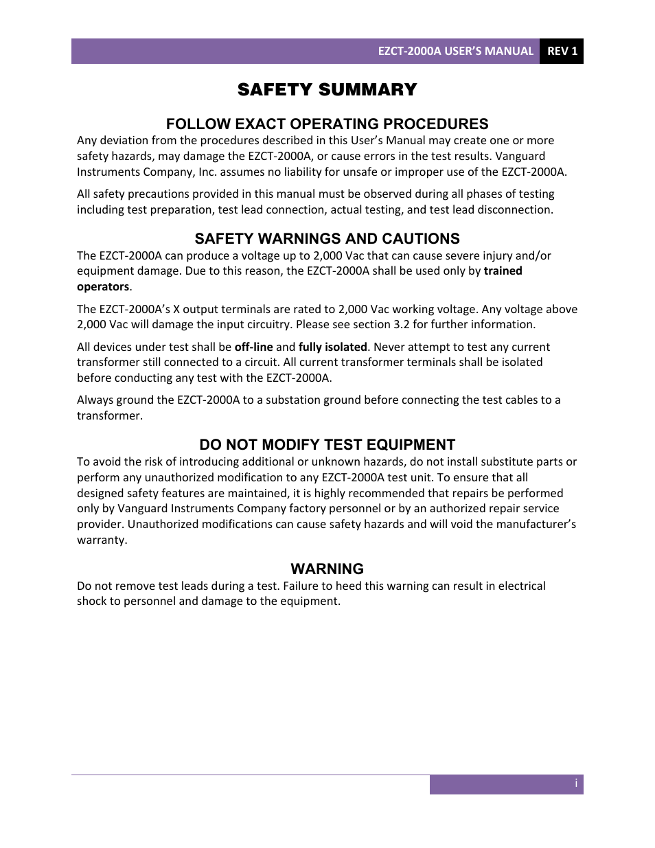 Safety summary | Vanguard EZCT-2000A User Manual | Page 2 / 103