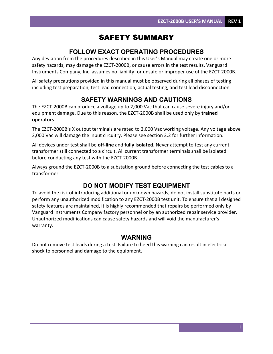 Safety summary | Vanguard EZCT-2000B User Manual | Page 2 / 118