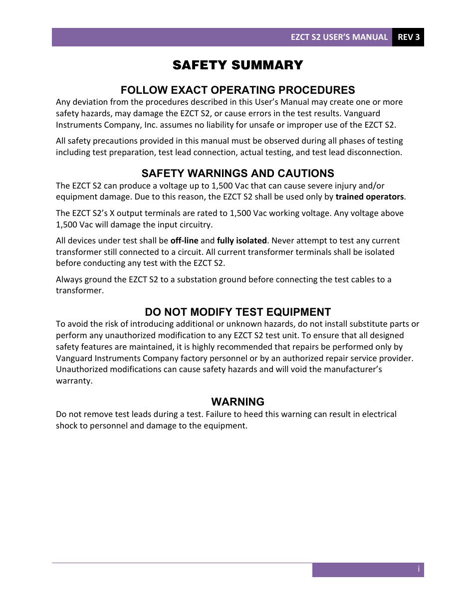 Safety summary | Vanguard EZCT-S2 User Manual | Page 2 / 66
