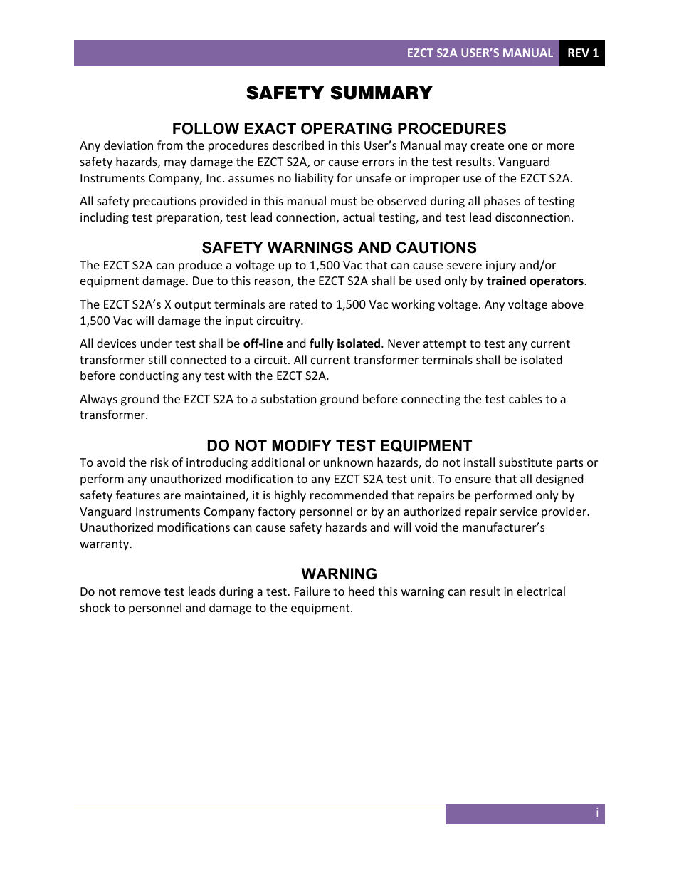Safety summary | Vanguard EZCT-S2A User Manual | Page 2 / 98