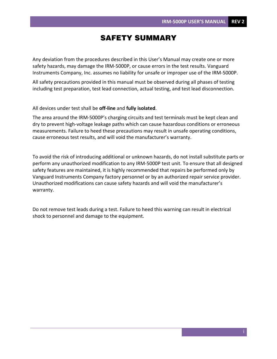 Safety summary | Vanguard IRM-5000P User Manual | Page 2 / 58