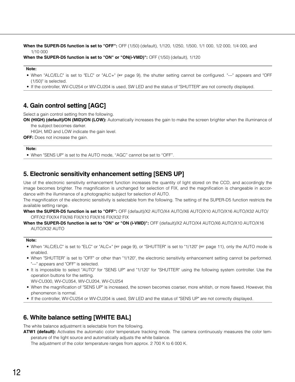 Gain control setting [agc, White balance setting [white bal | Panasonic WV-CP504E User Manual | Page 12 / 35