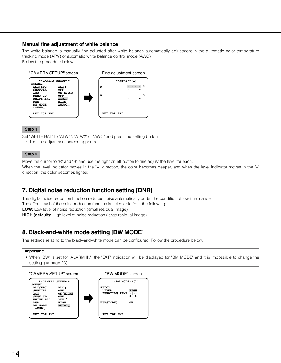 Manual fine adjustment of white balance, Digital noise reduction function setting [dnr, Black-and-white mode setting [bw mode | Panasonic WV-CP504E User Manual | Page 14 / 35