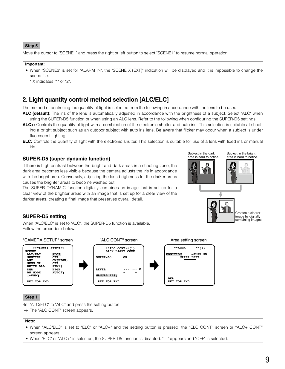 Light quantity control method selection [alc/elc, Super-d5 (super dynamic function, Super-d5 setting | Super-d5 (super dynamic function) | Panasonic WV-CP504E User Manual | Page 9 / 35