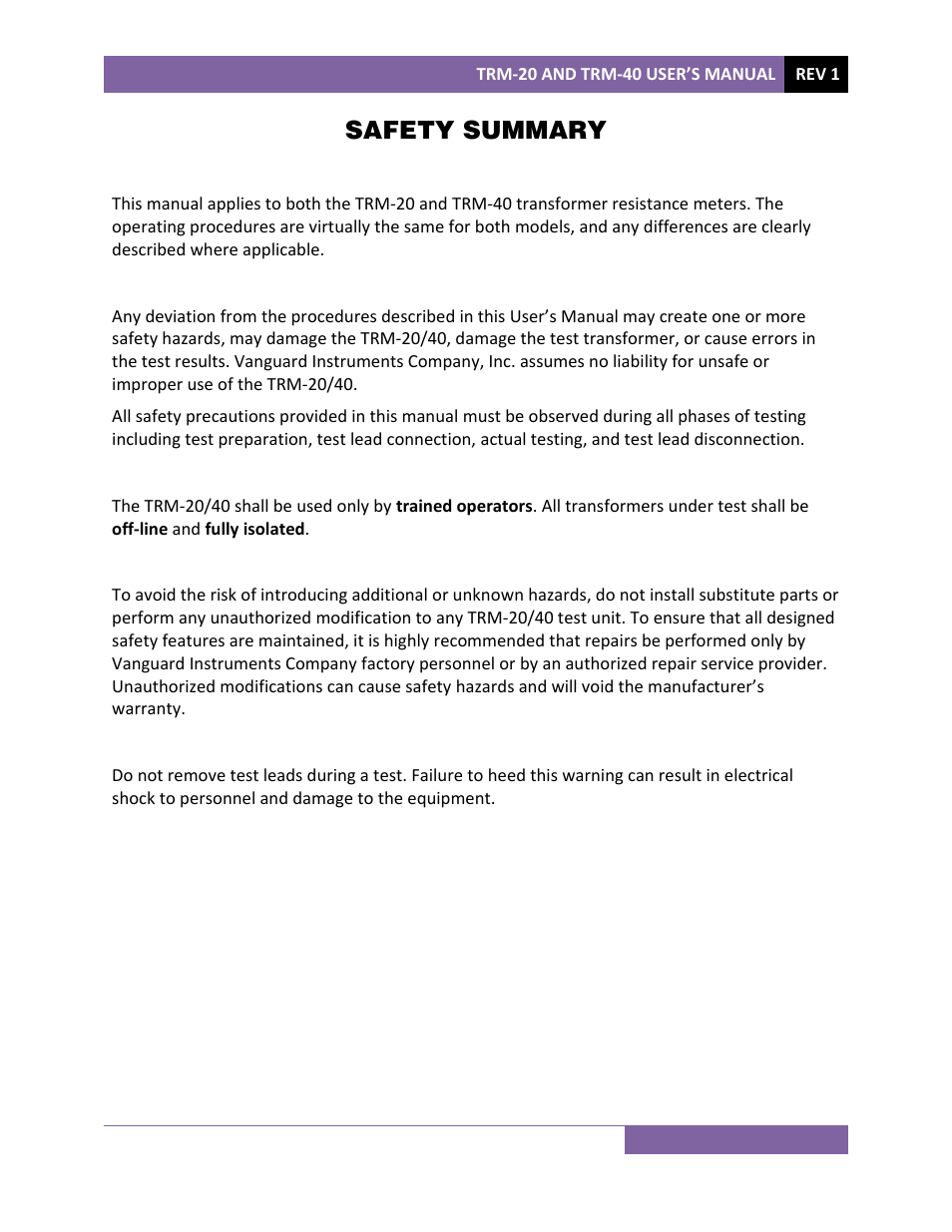 Safety summary | Vanguard TRM-20_40 User Manual | Page 2 / 86