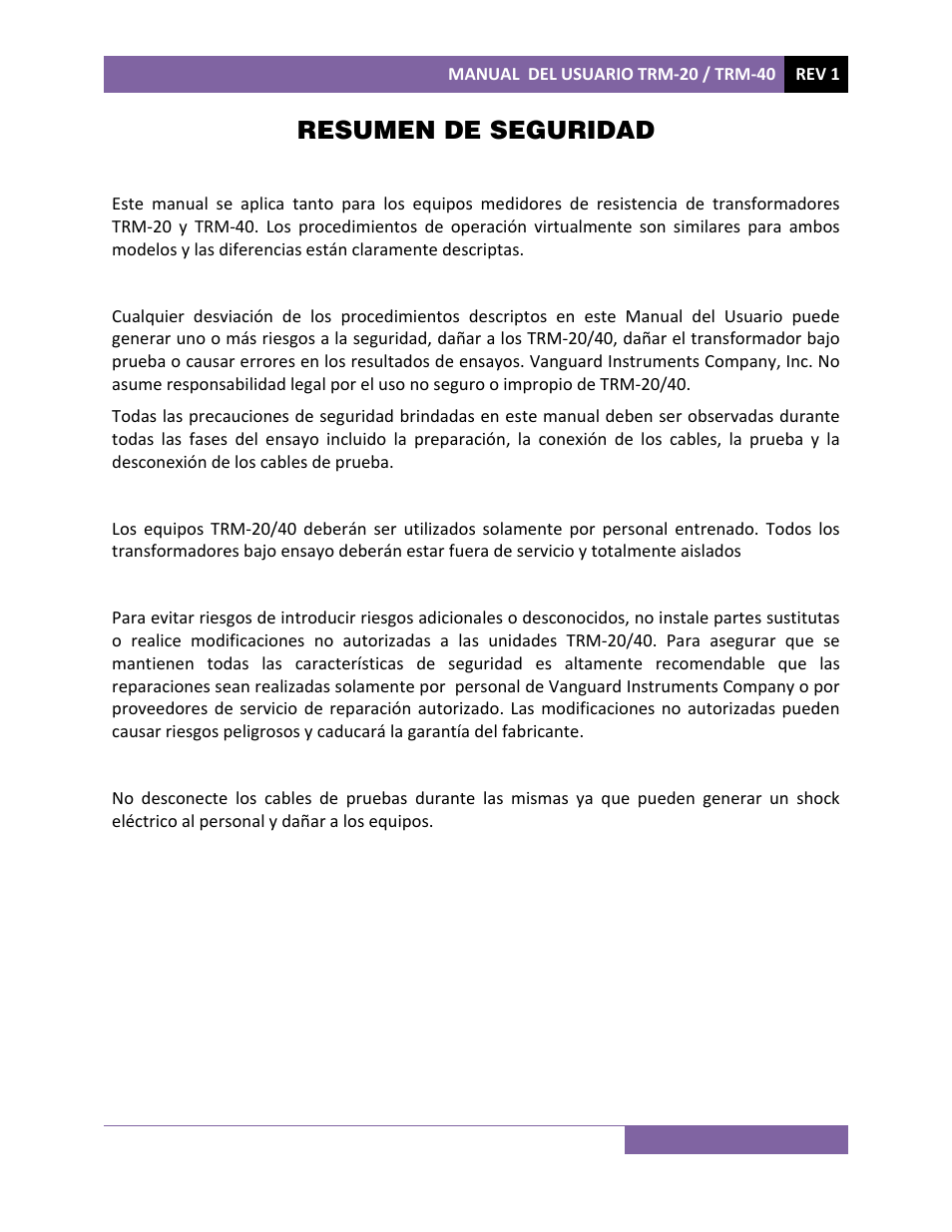 Resumen de seguridad | Vanguard TRM-20_40 User Manual | Page 2 / 77