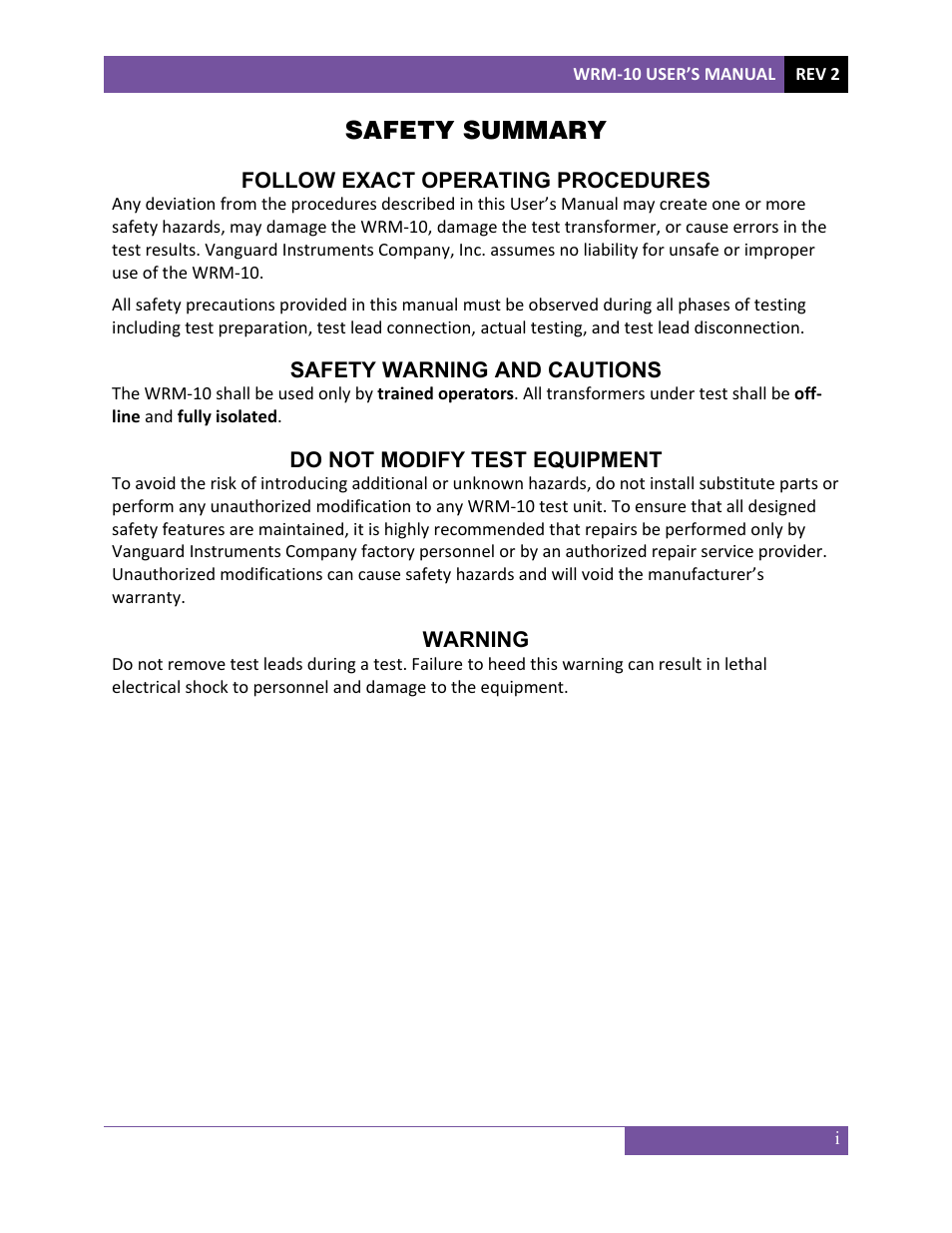 Safety summary | Vanguard WRM-10 User Manual | Page 2 / 20