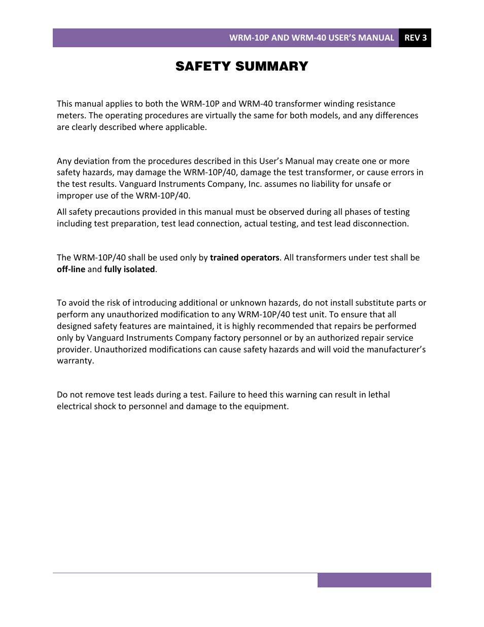Safety summary | Vanguard WRM-40 User Manual | Page 2 / 62