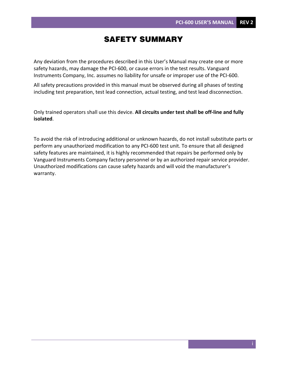Safety summary | Vanguard PCI-600 User Manual | Page 2 / 16