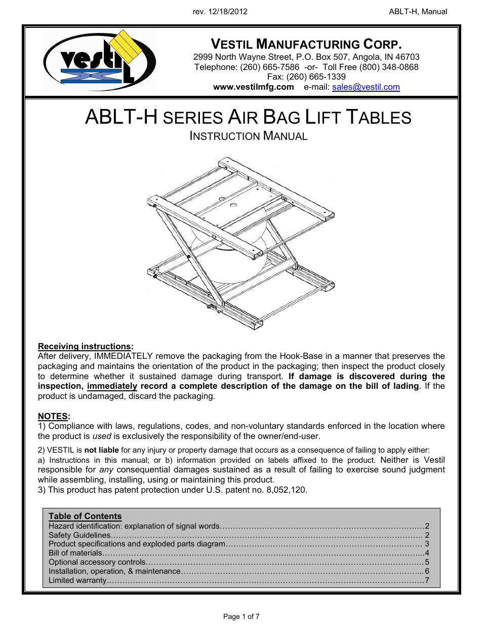 Vestil ABLT-H User Manual | 7 pages