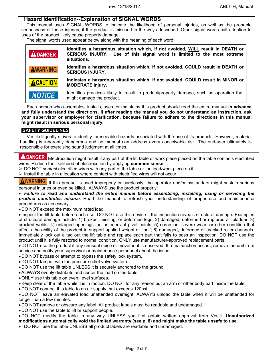 Hazard identification--explanation of signal words | Vestil ABLT-H User Manual | Page 2 / 7