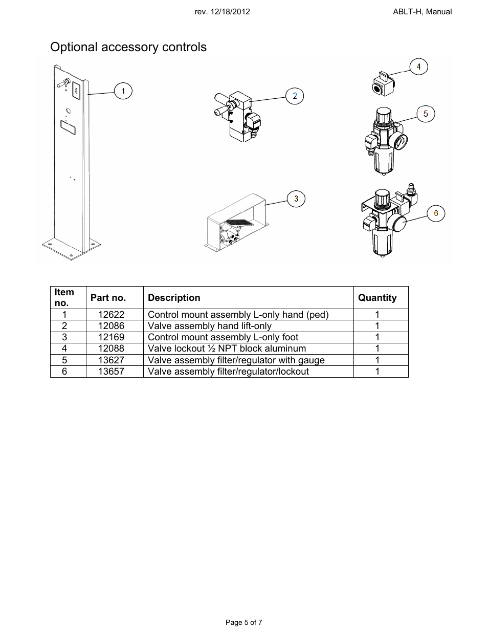 Optional accessory controls | Vestil ABLT-H User Manual | Page 5 / 7