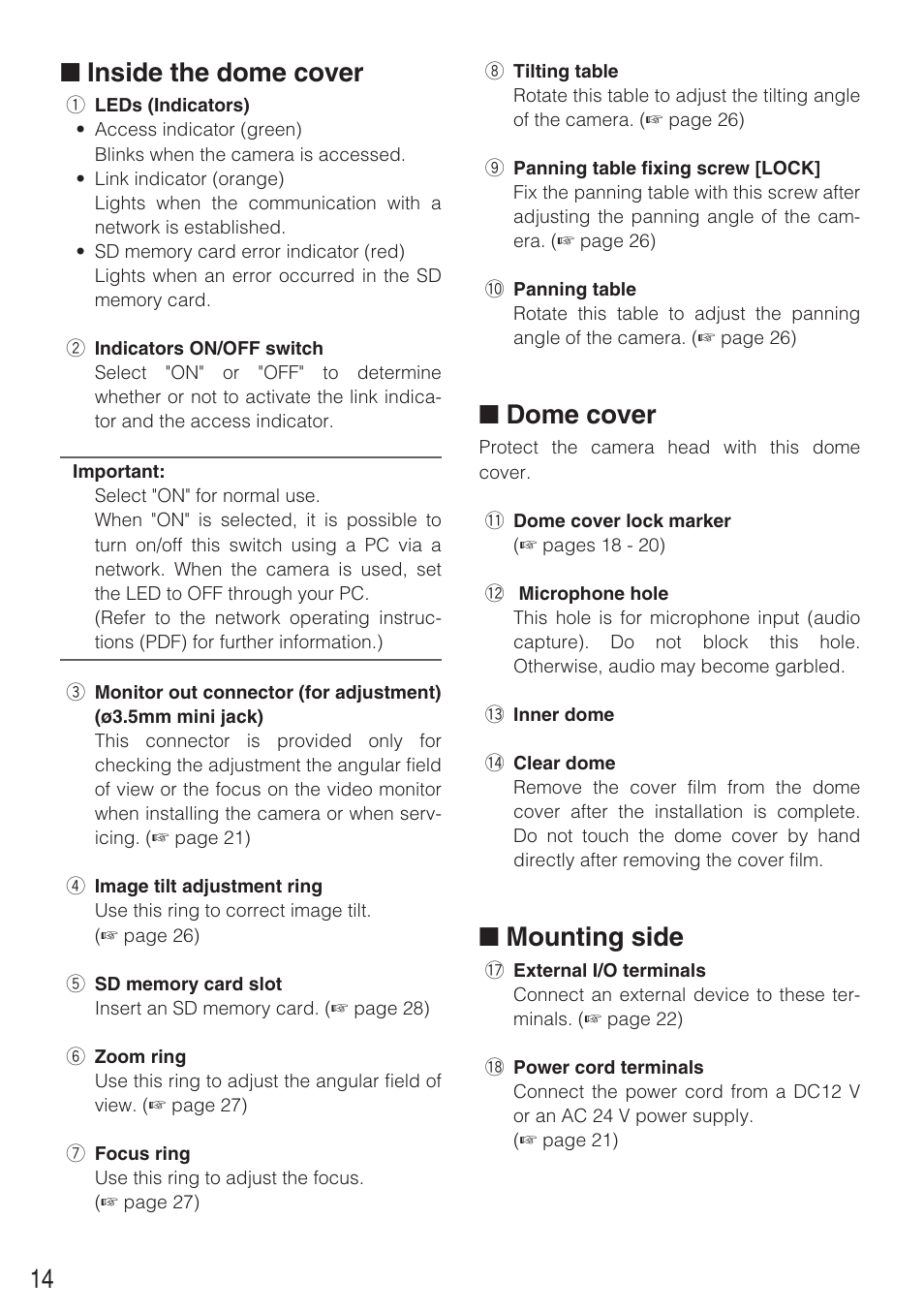 14 ■ inside the dome cover, Dome cover, Mounting side | Panasonic WV-NF284 User Manual | Page 14 / 36