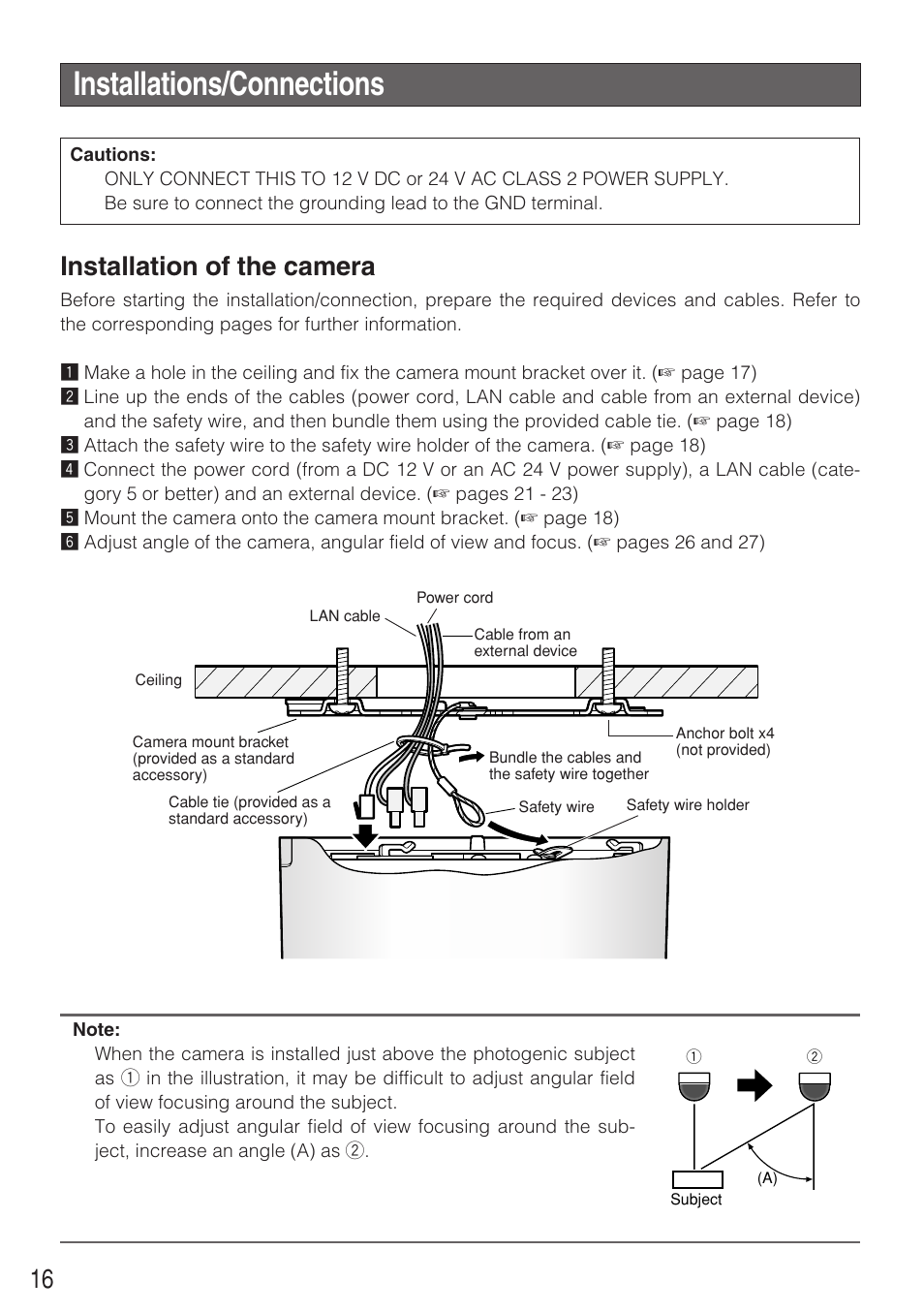 Installations/connections, Installation of the camera | Panasonic WV-NF284 User Manual | Page 16 / 36
