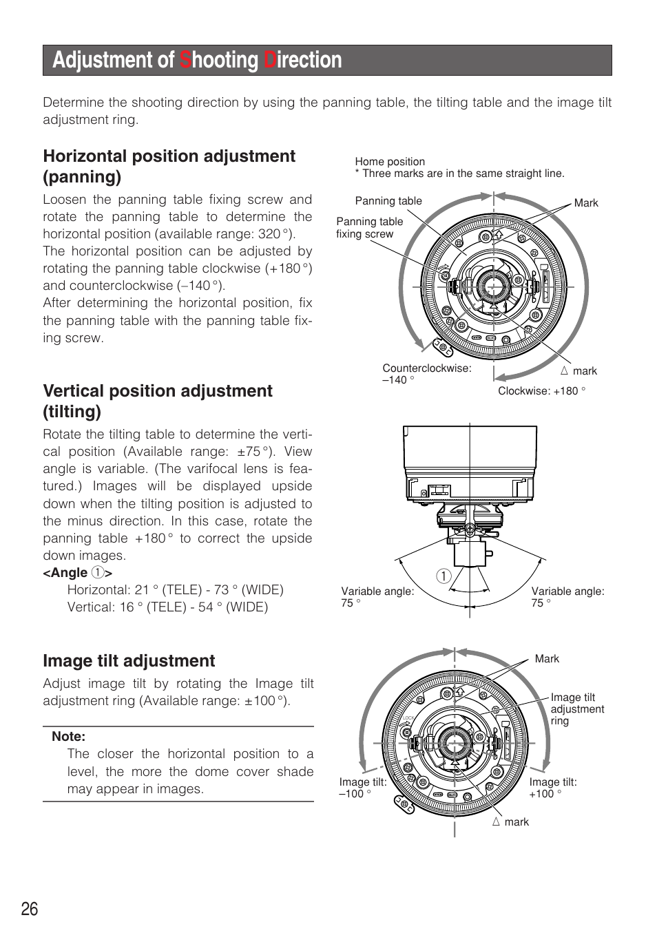 Adjustment of s hooting d irection, Horizontal position adjustment (panning), Vertical position adjustment (tilting) | Image tilt adjustment | Panasonic WV-NF284 User Manual | Page 26 / 36