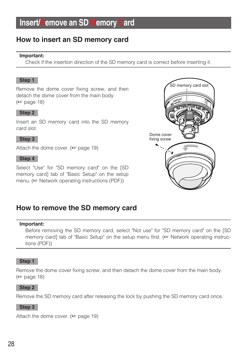 Insert/ r emove an sd m emory c ard | Panasonic WV-NF284 User Manual | Page 28 / 36