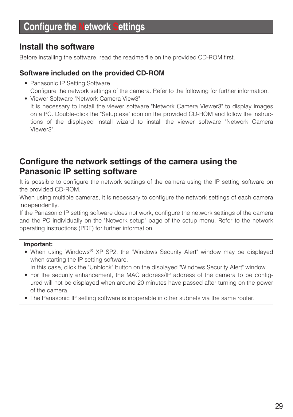 Configure the n etwork s ettings, Install the software | Panasonic WV-NF284 User Manual | Page 29 / 36