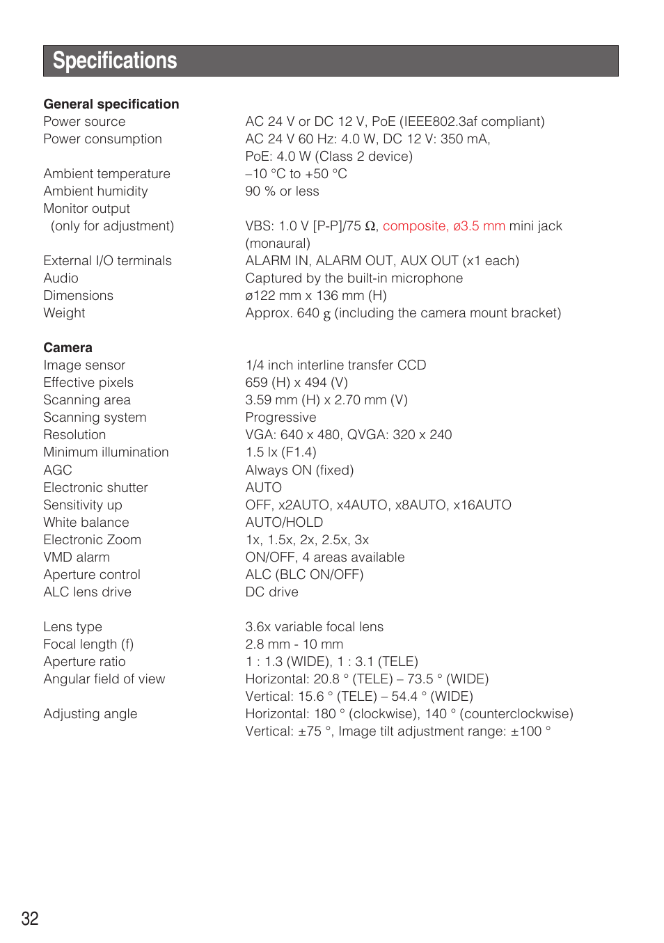 Specifications | Panasonic WV-NF284 User Manual | Page 32 / 36