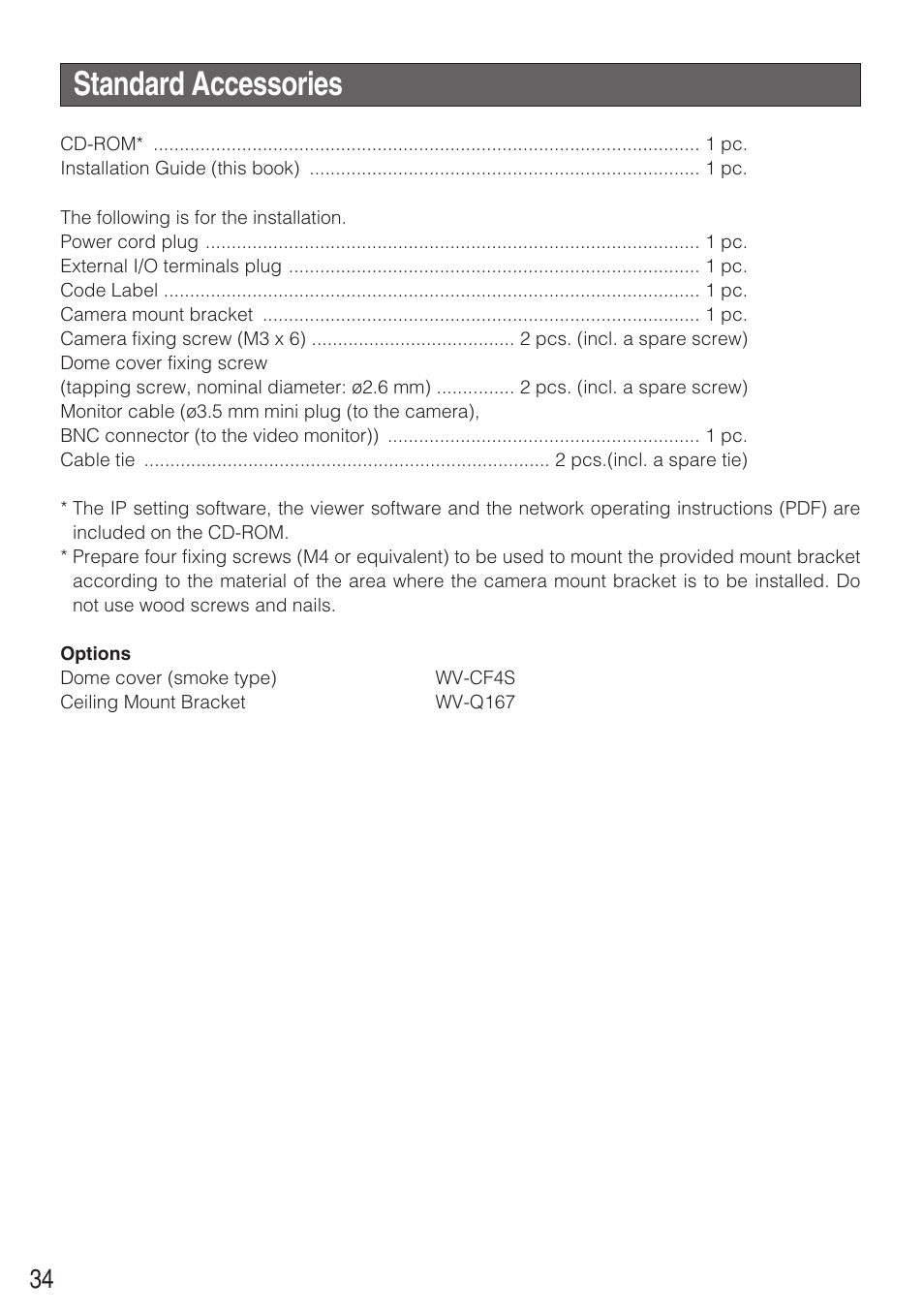 Standard accessories | Panasonic WV-NF284 User Manual | Page 34 / 36