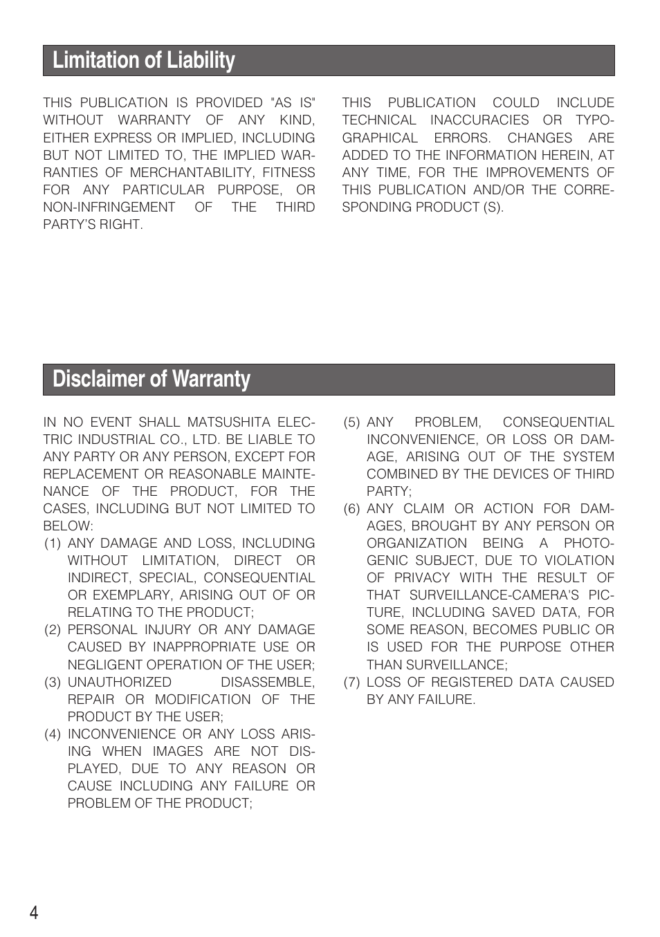 Limitation of liability, Disclaimer of warranty | Panasonic WV-NF284 User Manual | Page 4 / 36