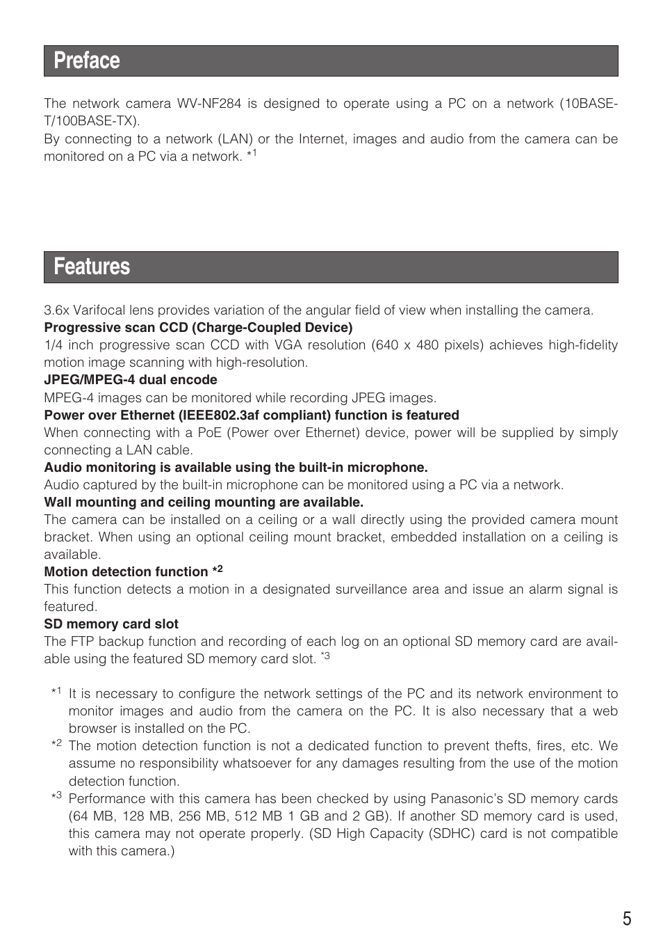 Preface, Features | Panasonic WV-NF284 User Manual | Page 5 / 36