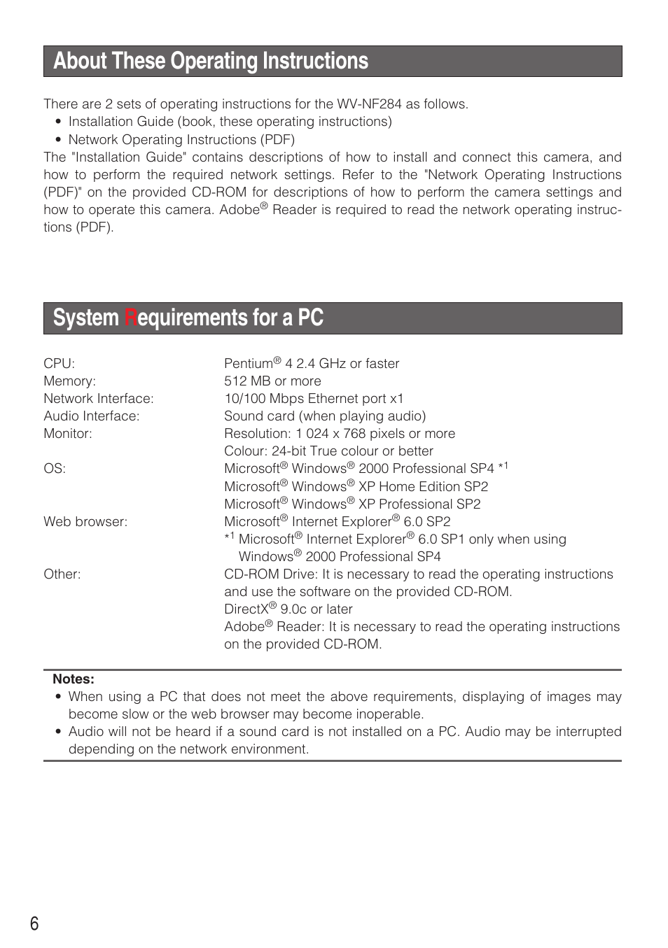 About these operating instructions, System r equirements for a pc | Panasonic WV-NF284 User Manual | Page 6 / 36