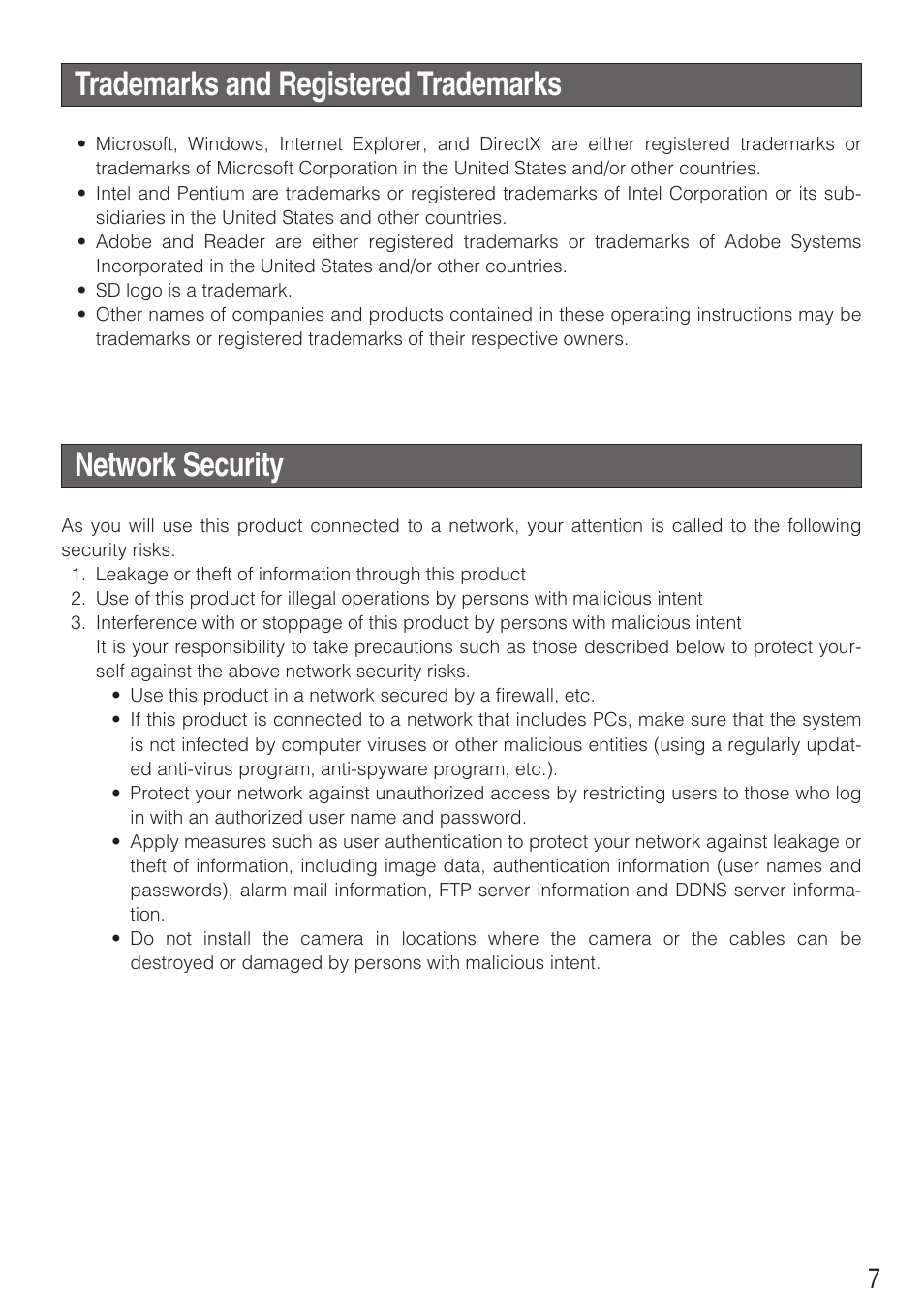 Trademarks and registered trademarks, Network security | Panasonic WV-NF284 User Manual | Page 7 / 36